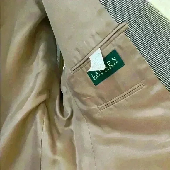 Ralph Lauren silk/wool blend blazer beige/black button front. Sz 44 L - Picture 3 of 8